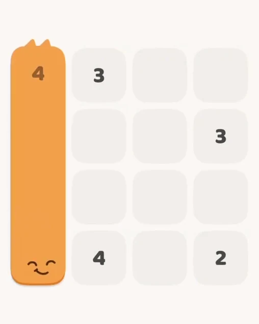 MeowBlock Level 1 after step 1, placing the 4-cell vertical block at the middle-left area
