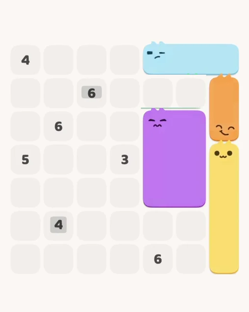 MeowBlock Level 10 after step 4, placing the 6-cell rectangular block at the middle-right area