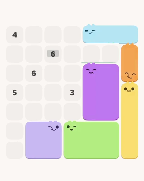 MeowBlock Level 10 after step 6, placing the 4-cell square block at the lower center