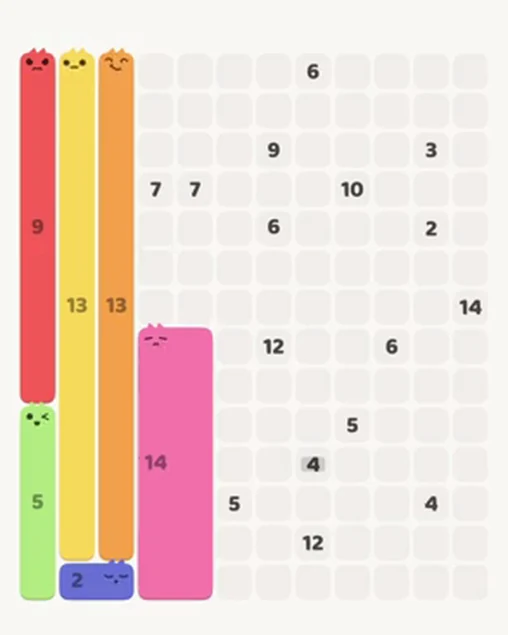 MeowBlock Level 100 after step 6, placing the 14-cell rectangular block at the lower center