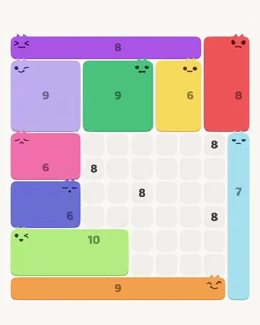 MeowBlock Level 101 after step 10, placing the 6-cell rectangular block at the middle-left area