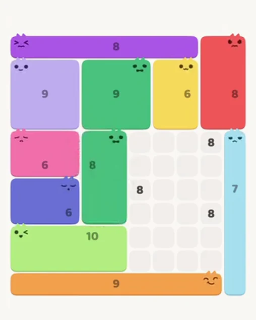 MeowBlock Level 101 after step 11, placing the 8-cell rectangular block at the middle center