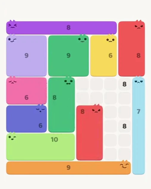 MeowBlock Level 101 after step 12, placing the 8-cell rectangular block at the lower center