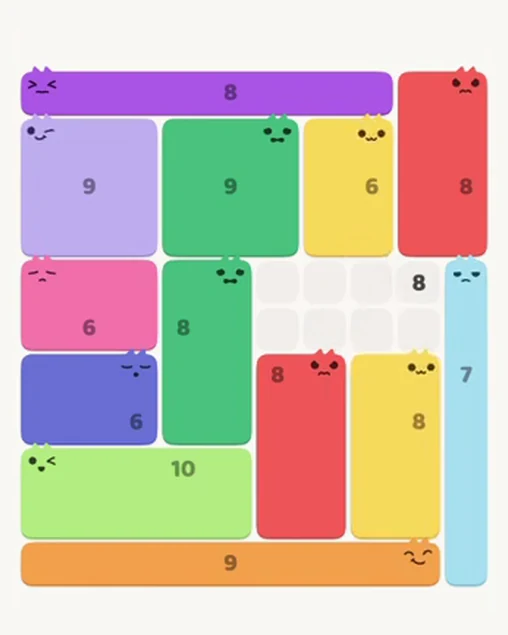 MeowBlock Level 101 after step 13, placing the 8-cell rectangular block at the lower-right area