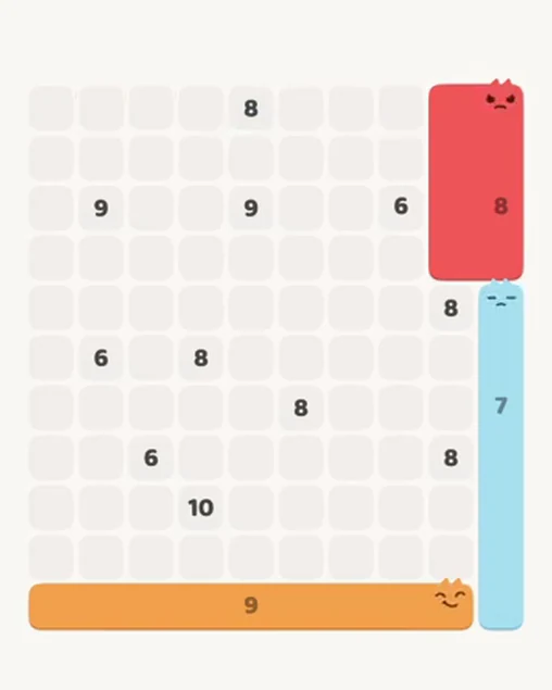 MeowBlock Level 101 after step 3, placing the 8-cell rectangular block at the upper-right area