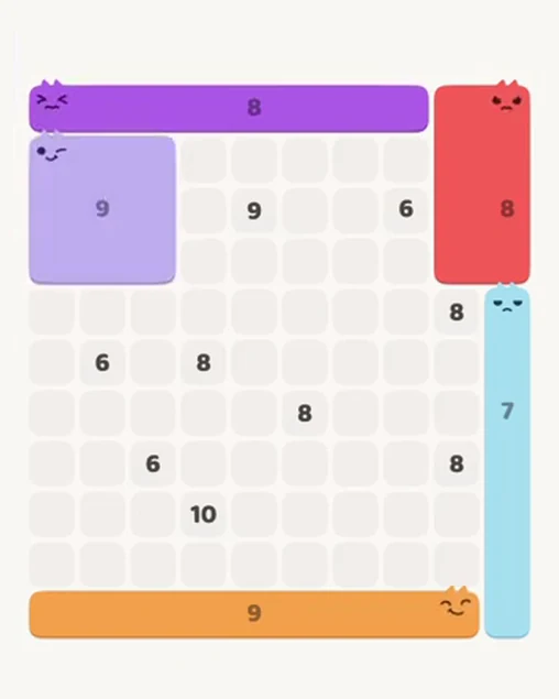 MeowBlock Level 101 after step 5, placing the 9-cell square block at the upper-left area
