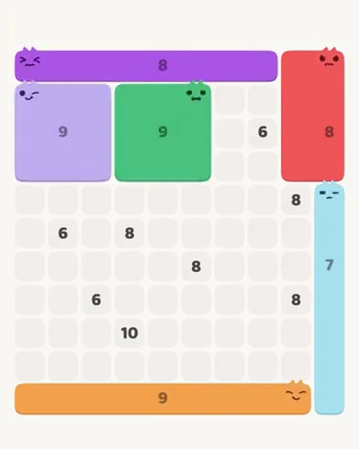 MeowBlock Level 101 after step 6, placing the 9-cell square block at the upper center