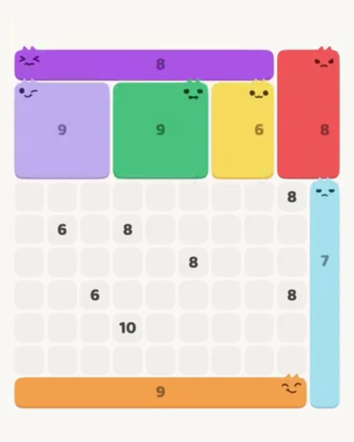 MeowBlock Level 101 after step 7, placing the 6-cell rectangular block at the upper-right area