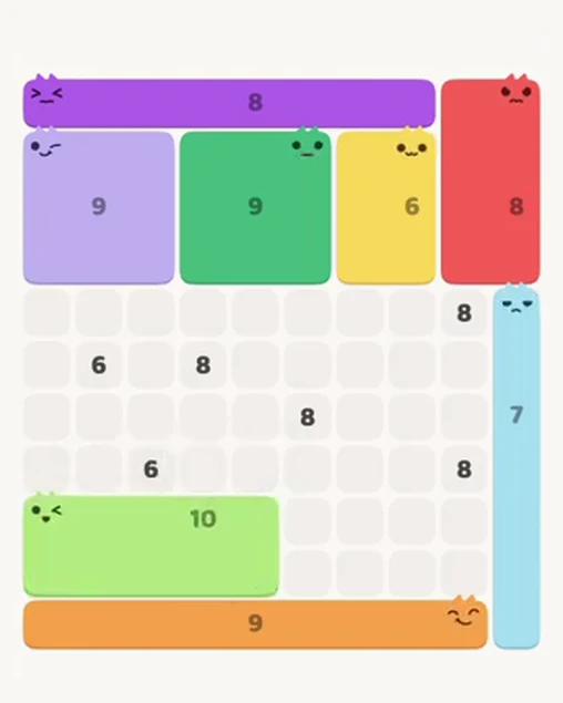 MeowBlock Level 101 after step 8, placing the 10-cell rectangular block at the lower-left area