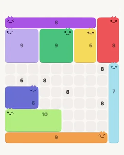 MeowBlock Level 101 after step 9, placing the 6-cell rectangular block at the lower-left area