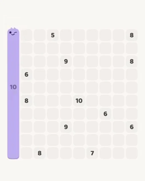 MeowBlock Level 102 after step 1, placing the 10-cell vertical block at the middle-left area