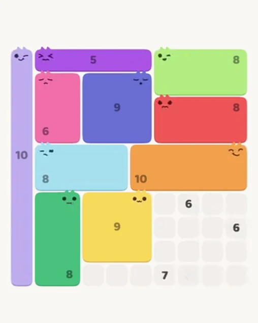 MeowBlock Level 102 after step 10, placing the 9-cell square block at the lower center