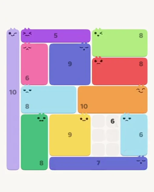 MeowBlock Level 102 after step 12, placing the 6-cell rectangular block at the lower-right area