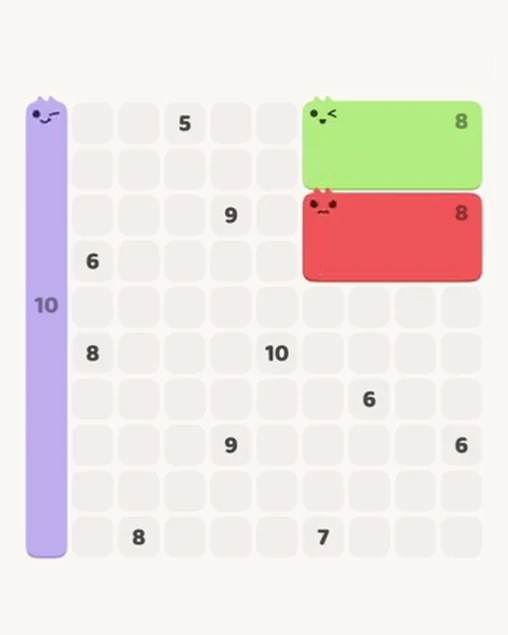 MeowBlock Level 102 after step 3, placing the 8-cell rectangular block at the middle-right area