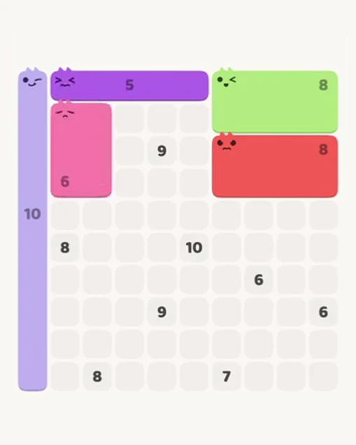 MeowBlock Level 102 after step 5, placing the 6-cell rectangular block at the upper-left area