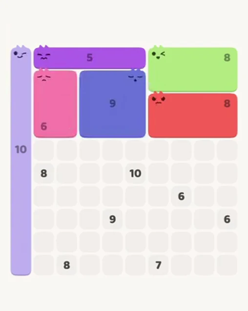 MeowBlock Level 102 after step 6, placing the 9-cell square block at the upper center