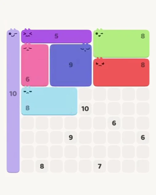 MeowBlock Level 102 after step 7, placing the 8-cell rectangular block at the middle center