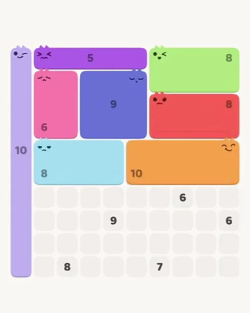 MeowBlock Level 102 after step 8, placing the 10-cell rectangular block at the middle-right area