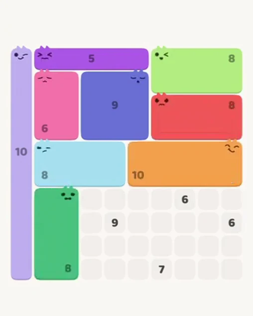MeowBlock Level 102 after step 9, placing the 8-cell rectangular block at the lower-left area