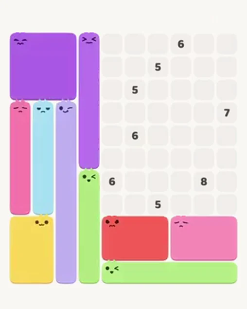 MeowBlock Level 104 after step 10, placing the 6-cell rectangular block at the lower center