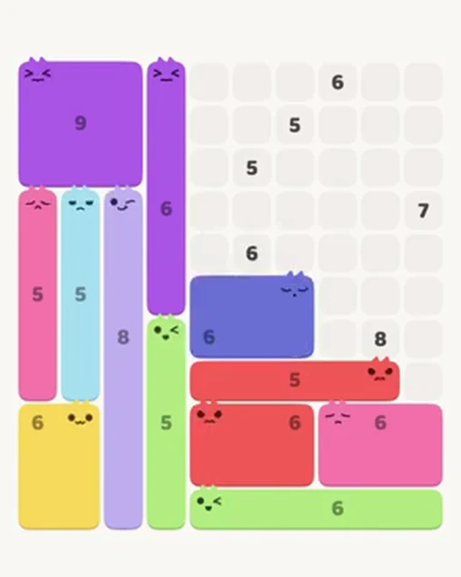 MeowBlock Level 104 after step 12, placing the 6-cell rectangular block at the middle center