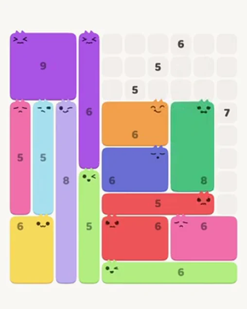 MeowBlock Level 104 after step 14, placing the 8-cell rectangular block at the middle-right area