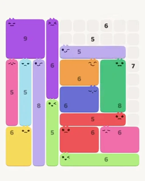 MeowBlock Level 104 after step 15, placing the 5-cell horizontal block at the upper-right area