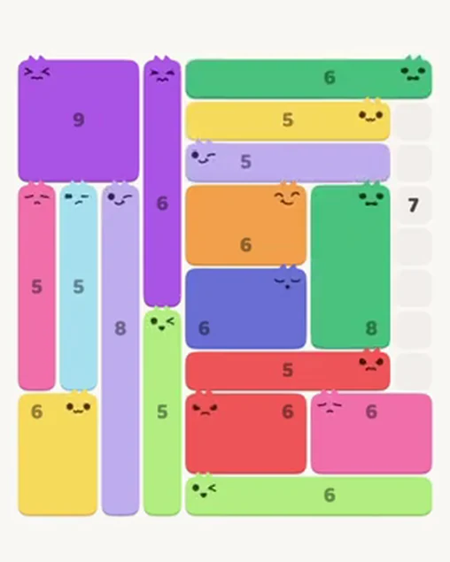 MeowBlock Level 104 after step 17, placing the 6-cell horizontal block at the upper-right area