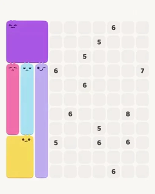MeowBlock Level 104 after step 5, placing the 8-cell vertical block at the middle-left area