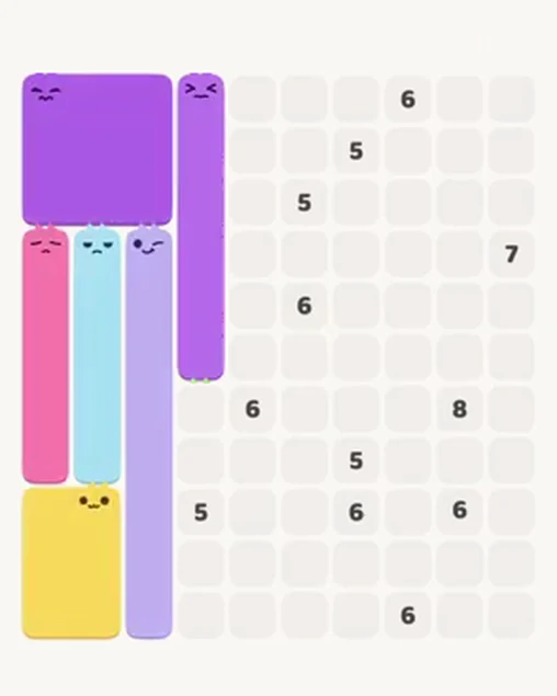 MeowBlock Level 104 after step 6, placing the 6-cell vertical block at the upper center