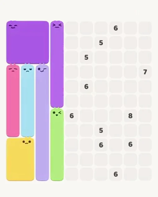 MeowBlock Level 104 after step 7, placing the 5-cell vertical block at the lower center