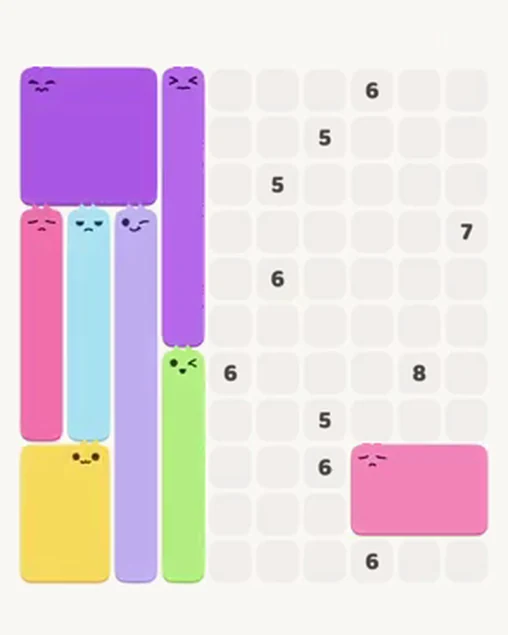 MeowBlock Level 104 after step 8, placing the 6-cell rectangular block at the lower-right area