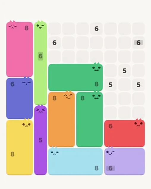 MeowBlock Level 106 after step 11, placing the 8-cell rectangular block at the middle center