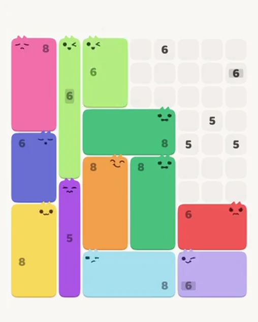 MeowBlock Level 106 after step 12, placing the 6-cell rectangular block at the upper center