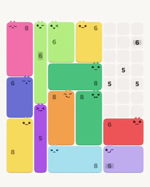 MeowBlock Level 106 after step 13, placing the 6-cell rectangular block at the upper center