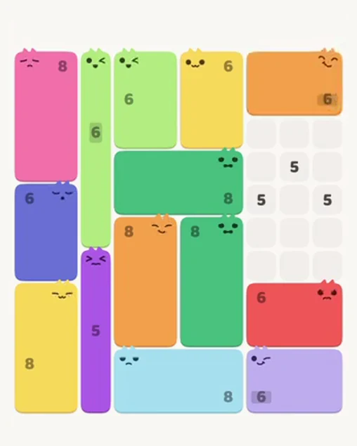 MeowBlock Level 106 after step 14, placing the 6-cell rectangular block at the upper-right area