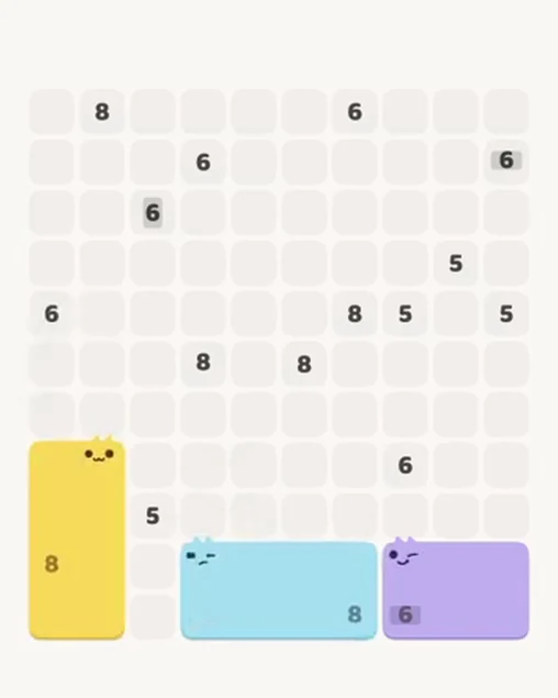 MeowBlock Level 106 after step 3, placing the 8-cell rectangular block at the lower-left area