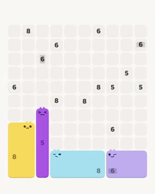 MeowBlock Level 106 after step 4, placing the 5-cell vertical block at the lower-left area