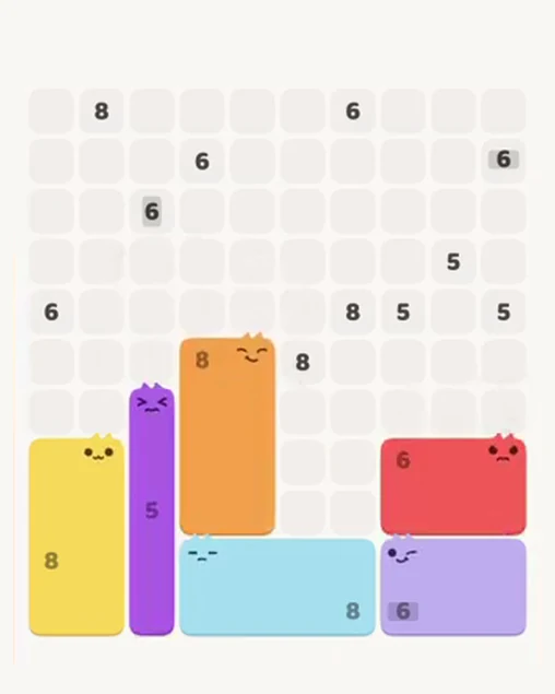 MeowBlock Level 106 after step 6, placing the 8-cell rectangular block at the lower center
