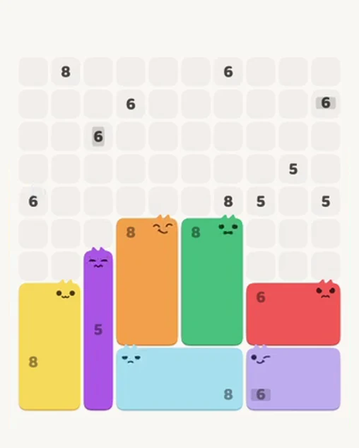 MeowBlock Level 106 after step 7, placing the 8-cell rectangular block at the lower center