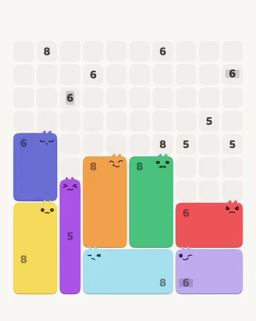 MeowBlock Level 106 after step 8, placing the 6-cell rectangular block at the middle-left area