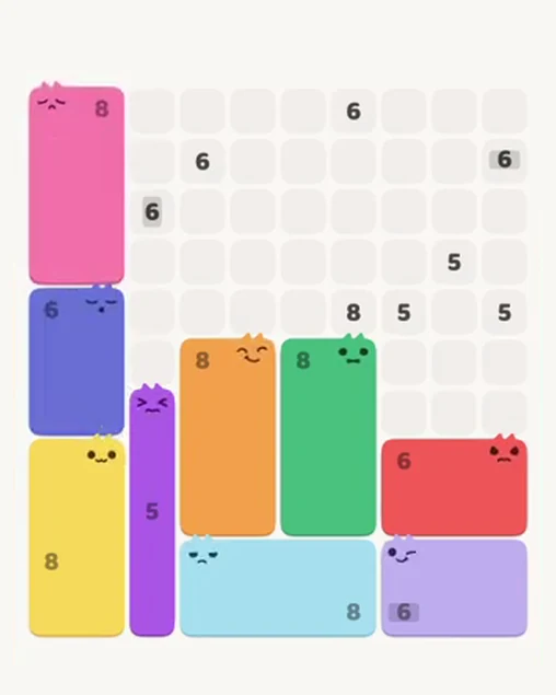 MeowBlock Level 106 after step 9, placing the 8-cell rectangular block at the upper-left area