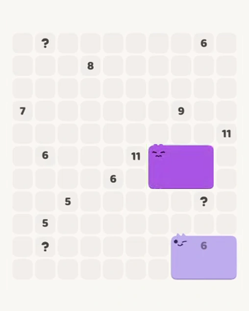 MeowBlock Level 107 after step 1, placing the 6-cell rectangular block at the middle-right area
