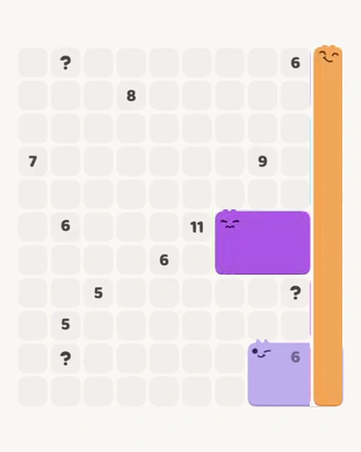 MeowBlock Level 107 after step 2, placing the 11-cell vertical block at the middle-right area