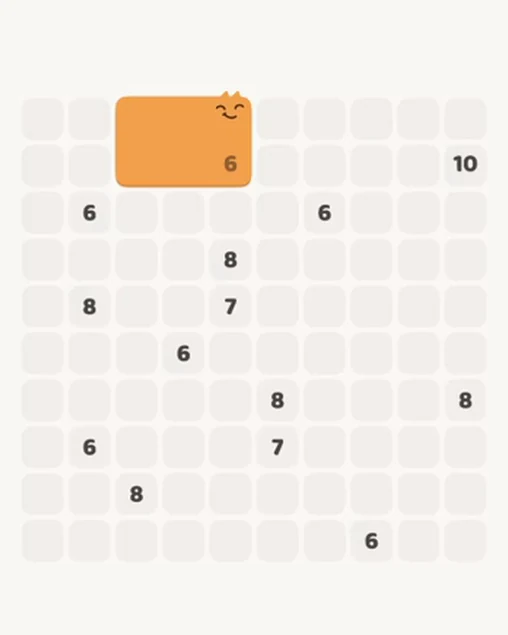 MeowBlock Level 108 after step 1, placing the 6-cell rectangular block at the upper center