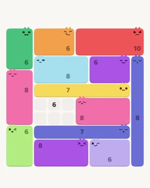 MeowBlock Level 108 after step 13, placing the 8-cell rectangular block at the middle-right area