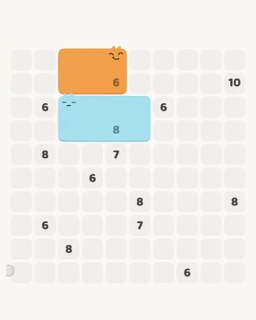MeowBlock Level 108 after step 2, placing the 8-cell rectangular block at the middle center