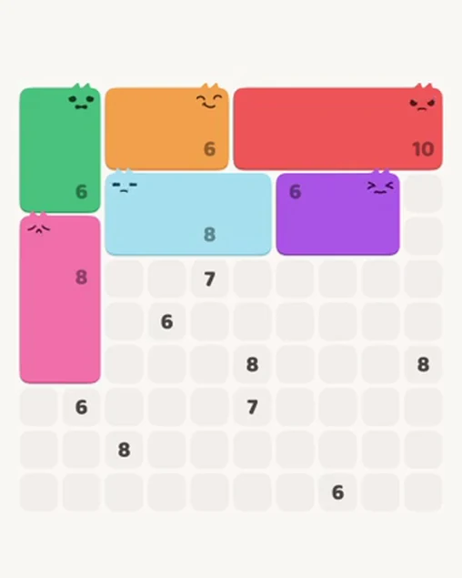 MeowBlock Level 108 after step 6, placing the 8-cell rectangular block at the middle-left area