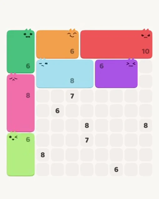 MeowBlock Level 108 after step 7, placing the 6-cell rectangular block at the lower-left area