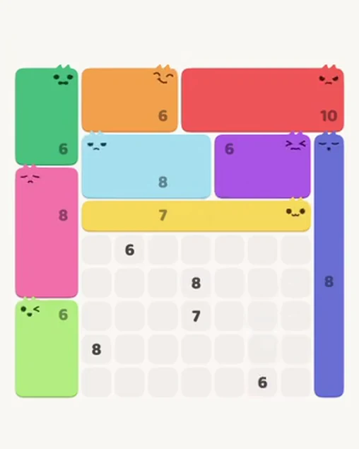 MeowBlock Level 108 after step 9, placing the 8-cell vertical block at the middle-right area